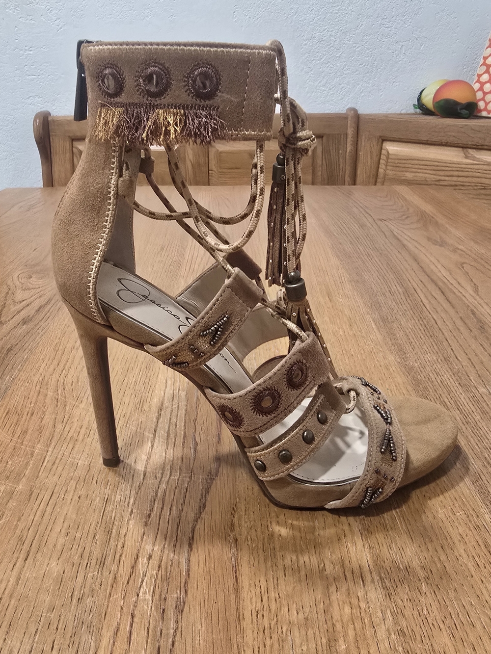 Jessica Simpson Boho Tan Suede Beaded Gladiator Stiletto Heels-Size 8M